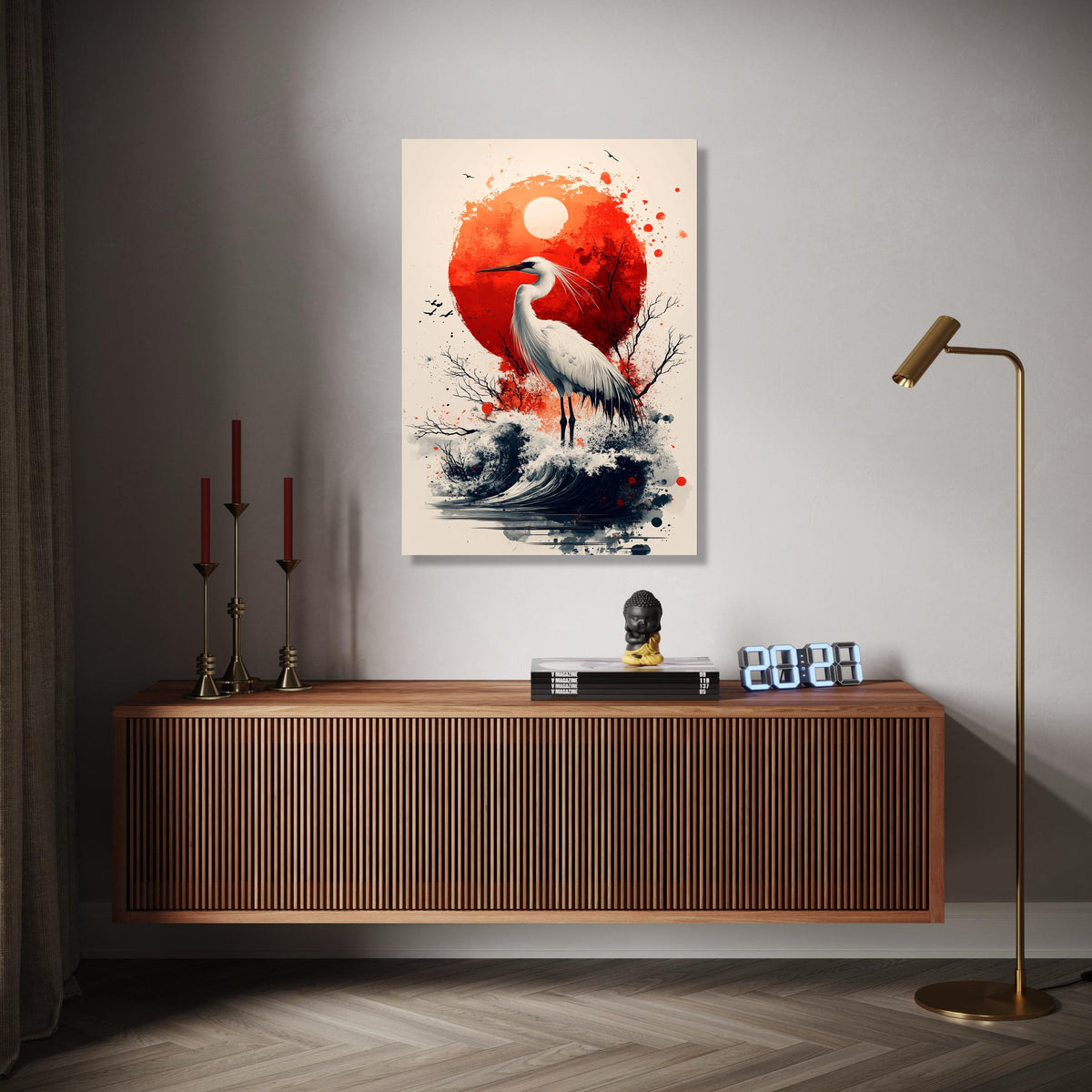 Elegant White Heron Canvas, Red Sun Abstract Art, Japanese Style Wall Decor, Nature Bird Illustration, Coastal Gift Art, Home Decor, Print