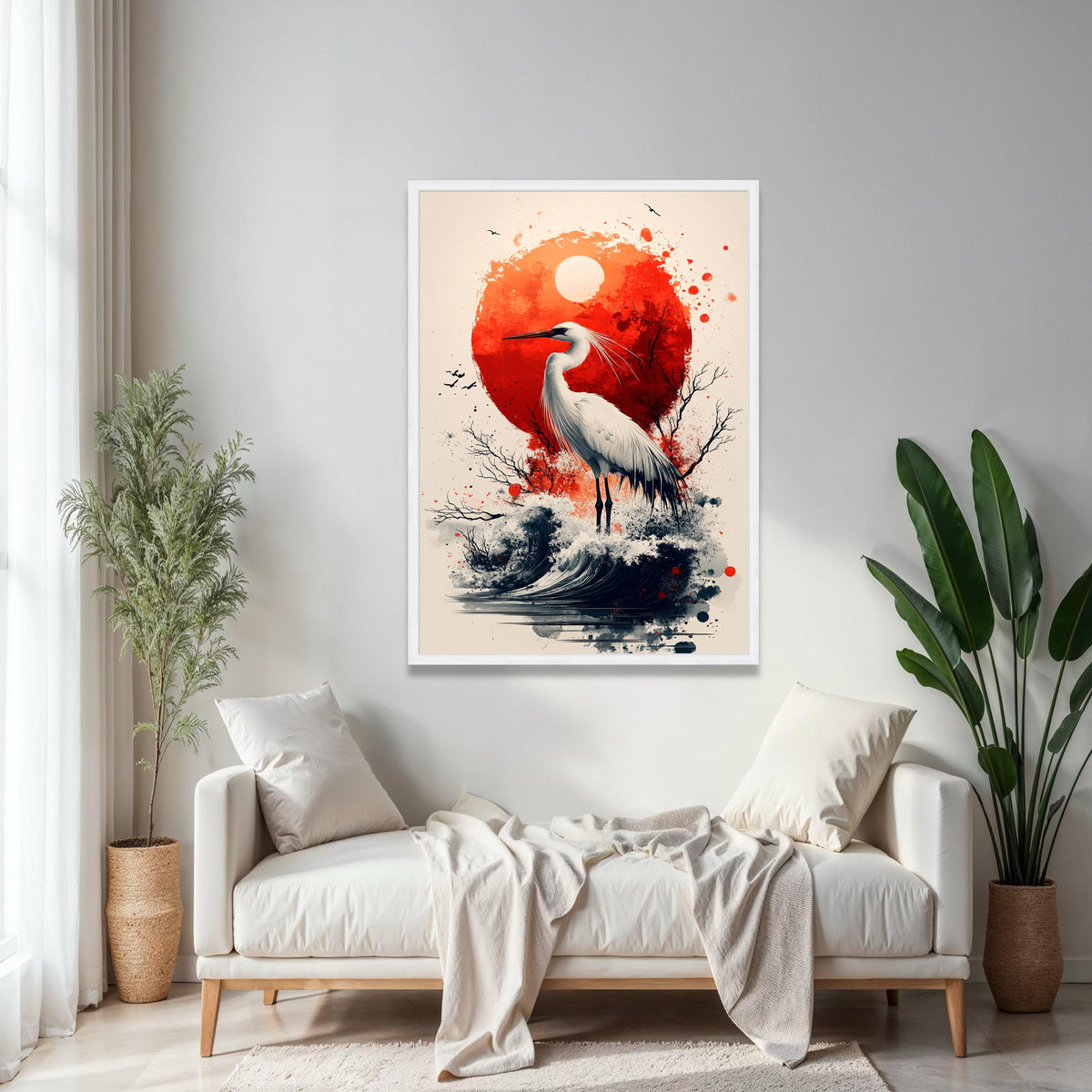 Elegant White Heron Canvas, Red Sun Abstract Art, Japanese Style Wall Decor, Nature Bird Illustration, Coastal Gift Art, Home Decor, Print