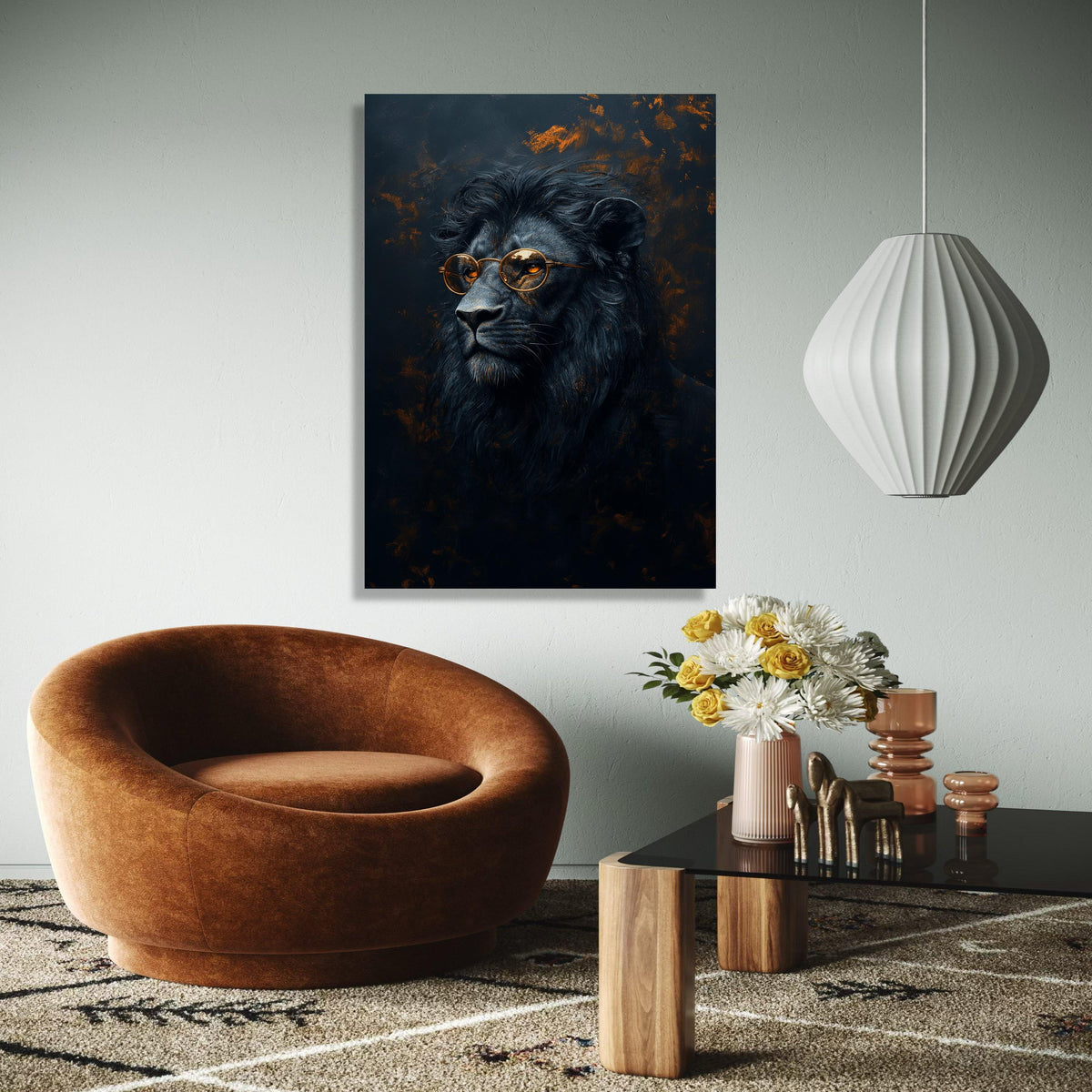 Regal Lion Portrait with Gold Glasses Canvas, Modern Animal Wall Art, Dark Abstract Background, Wildlife Gift Art, Home Decor, Print