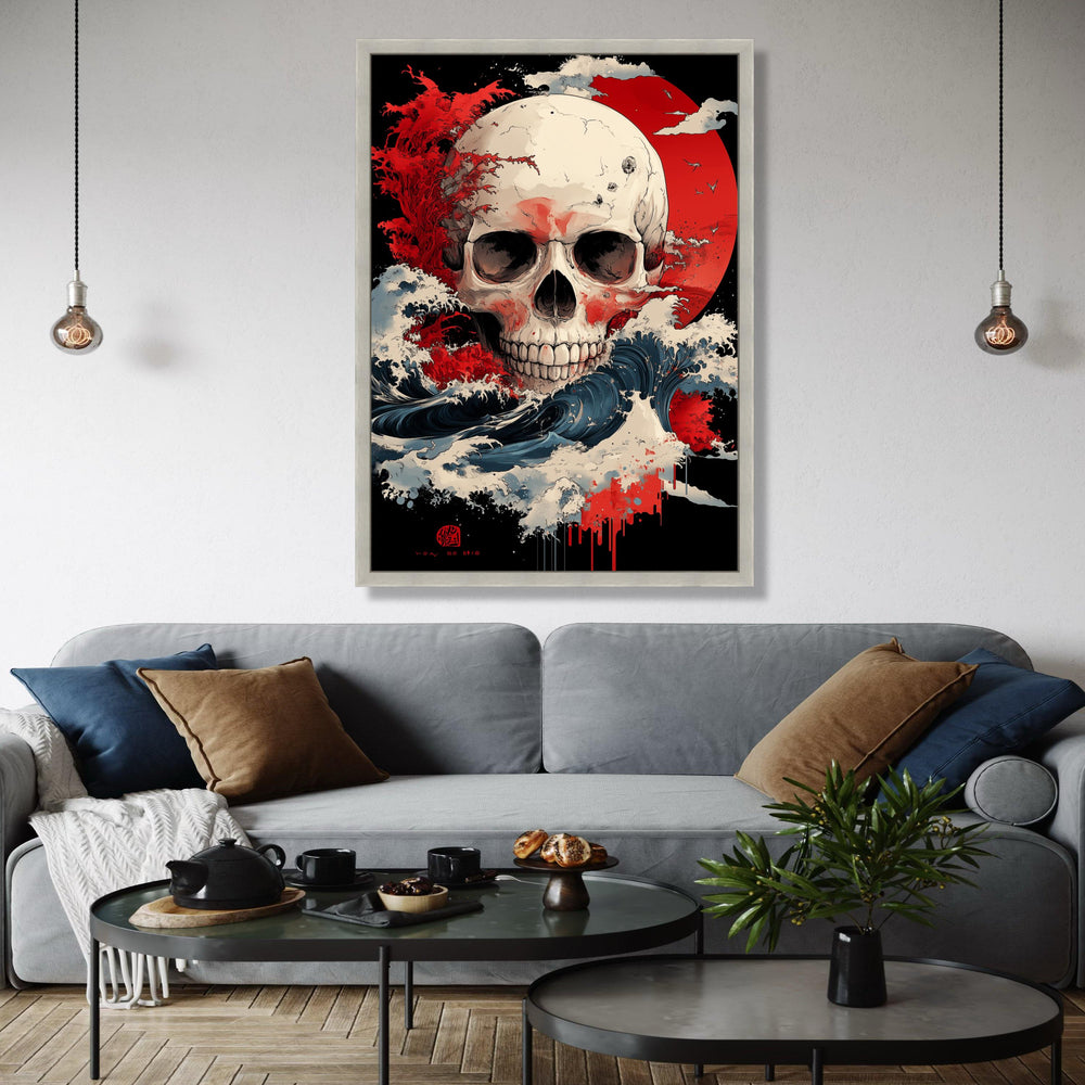 Dramatic Skull Canvas Wall Art, Abstract Red Sun Design, Waves and Storm Illustration, Gothic Home Decor, Gift Art, Home Decor, Print