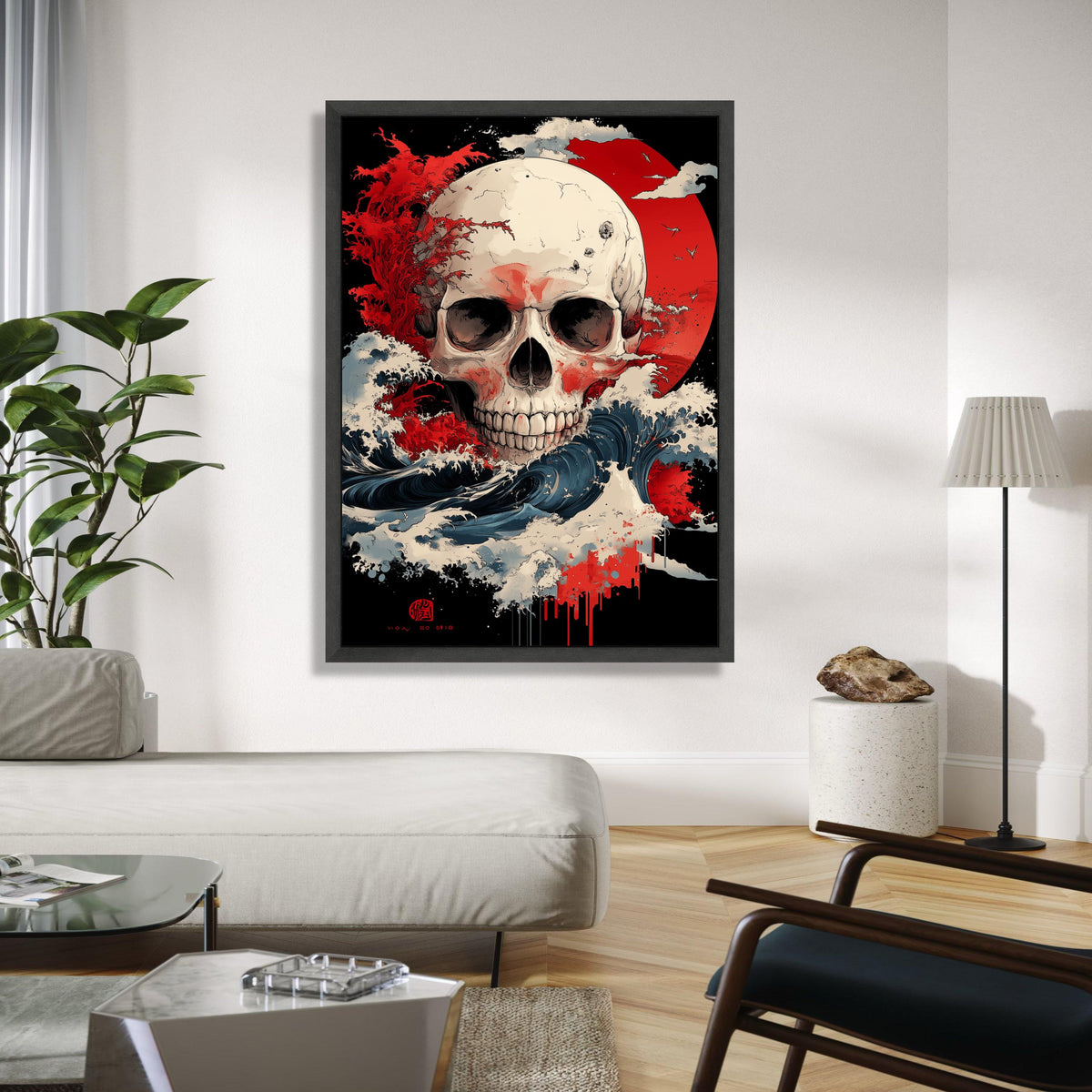 Dramatic Skull Canvas Wall Art, Abstract Red Sun Design, Waves and Storm Illustration, Gothic Home Decor, Gift Art, Home Decor, Print