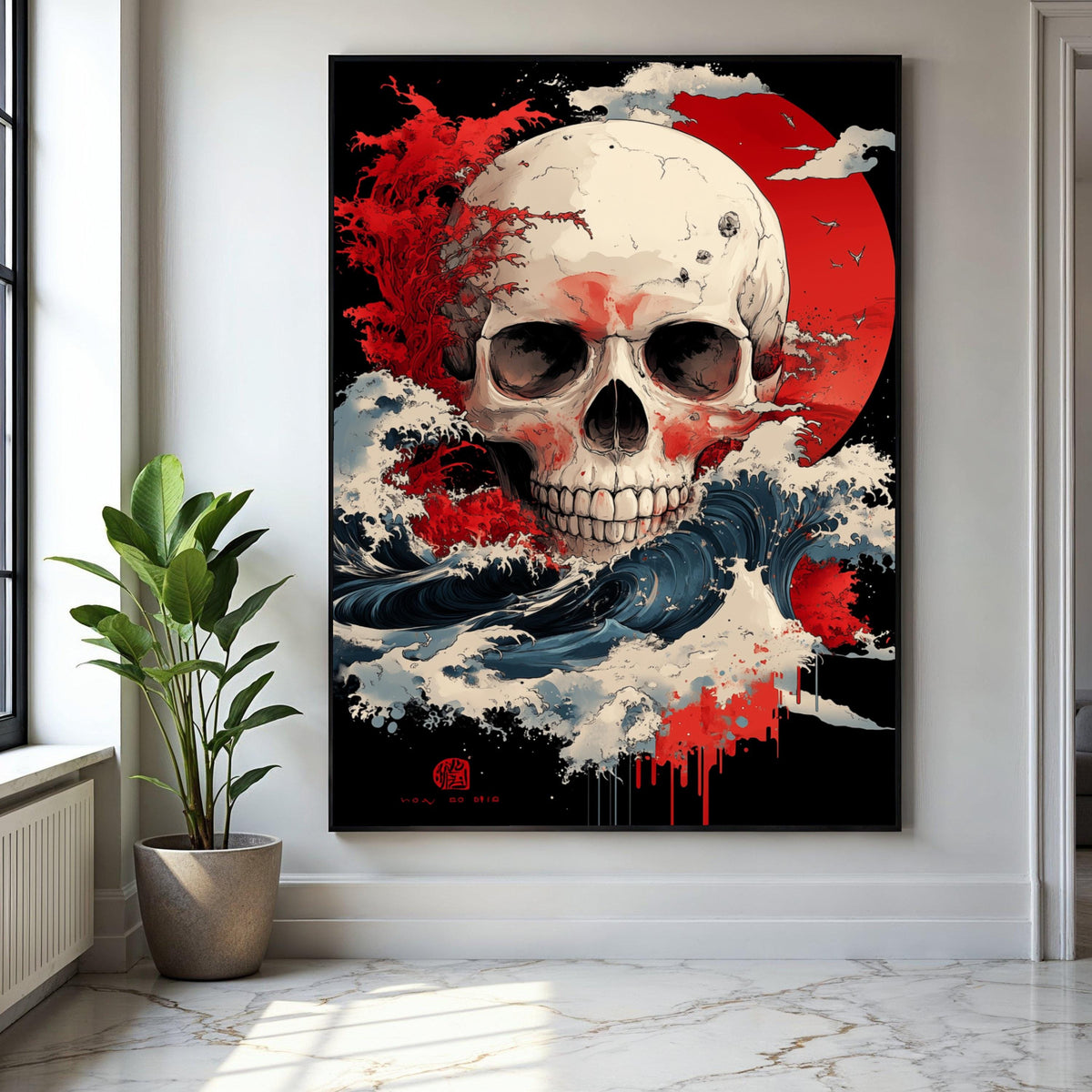 Dramatic Skull Canvas Wall Art, Abstract Red Sun Design, Waves and Storm Illustration, Gothic Home Decor, Gift Art, Home Decor, Print