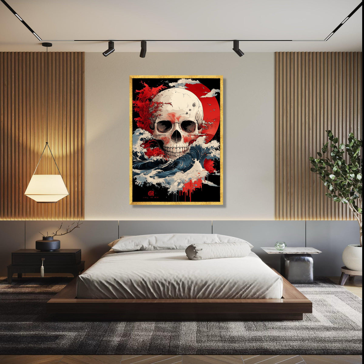 Dramatic Skull Canvas Wall Art, Abstract Red Sun Design, Waves and Storm Illustration, Gothic Home Decor, Gift Art, Home Decor, Print
