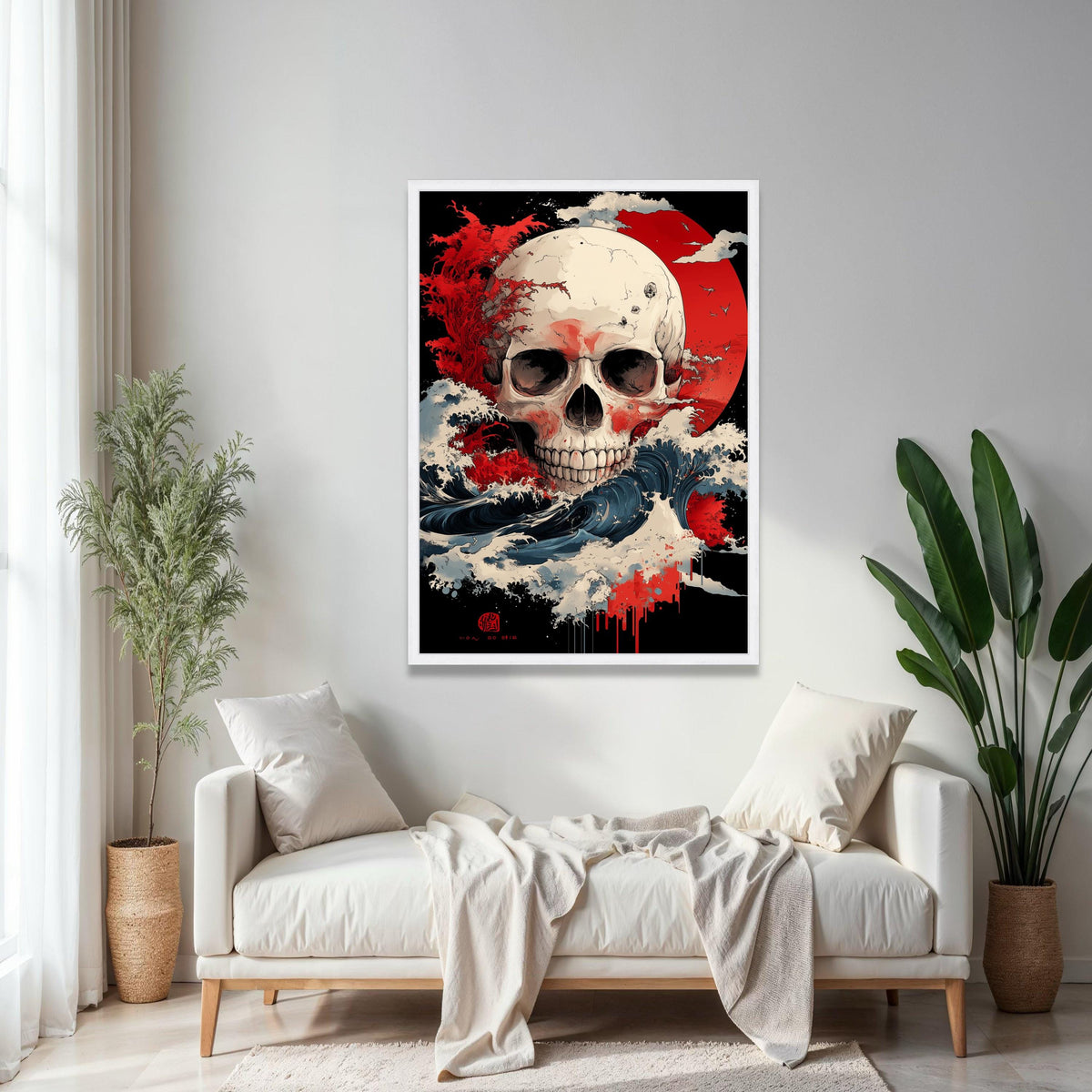 Dramatic Skull Canvas Wall Art, Abstract Red Sun Design, Waves and Storm Illustration, Gothic Home Decor, Gift Art, Home Decor, Print