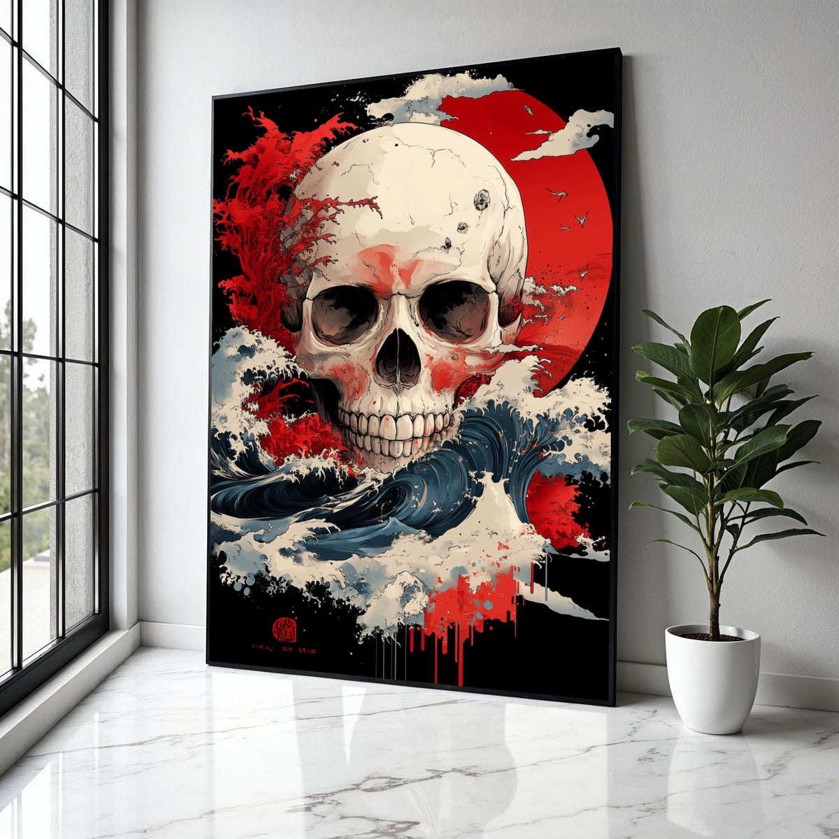 Dramatic Skull Canvas Wall Art, Abstract Red Sun Design, Waves and Storm Illustration, Gothic Home Decor, Gift Art, Home Decor, Print
