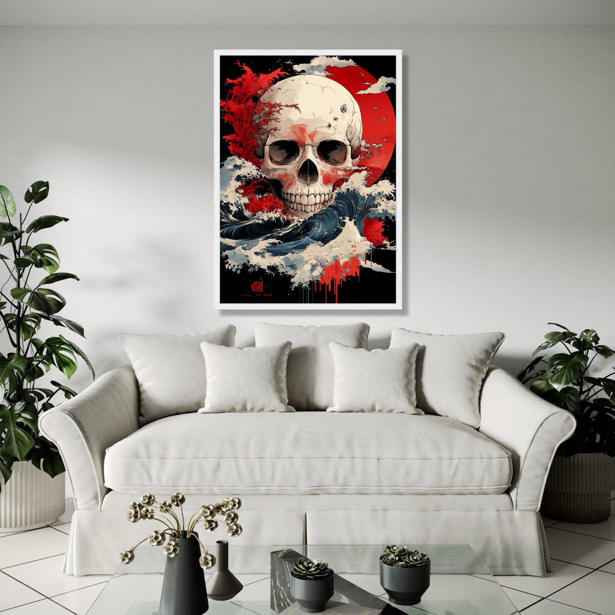 Dramatic Skull Canvas Wall Art, Abstract Red Sun Design, Waves and Storm Illustration, Gothic Home Decor, Gift Art, Home Decor, Print