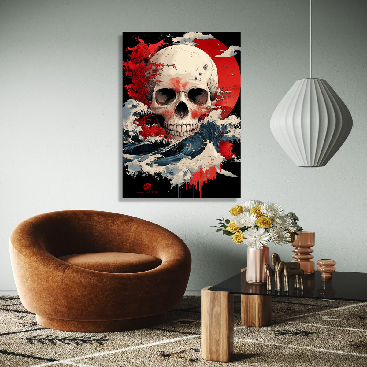 Dramatic Skull Canvas Wall Art, Abstract Red Sun Design, Waves and Storm Illustration, Gothic Home Decor, Gift Art, Home Decor, Print