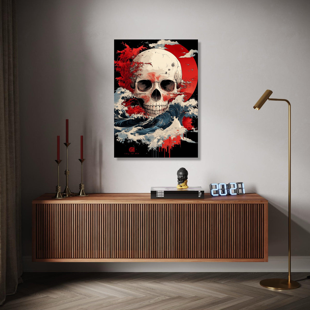 Dramatic Skull Canvas Wall Art, Abstract Red Sun Design, Waves and Storm Illustration, Gothic Home Decor, Gift Art, Home Decor, Print