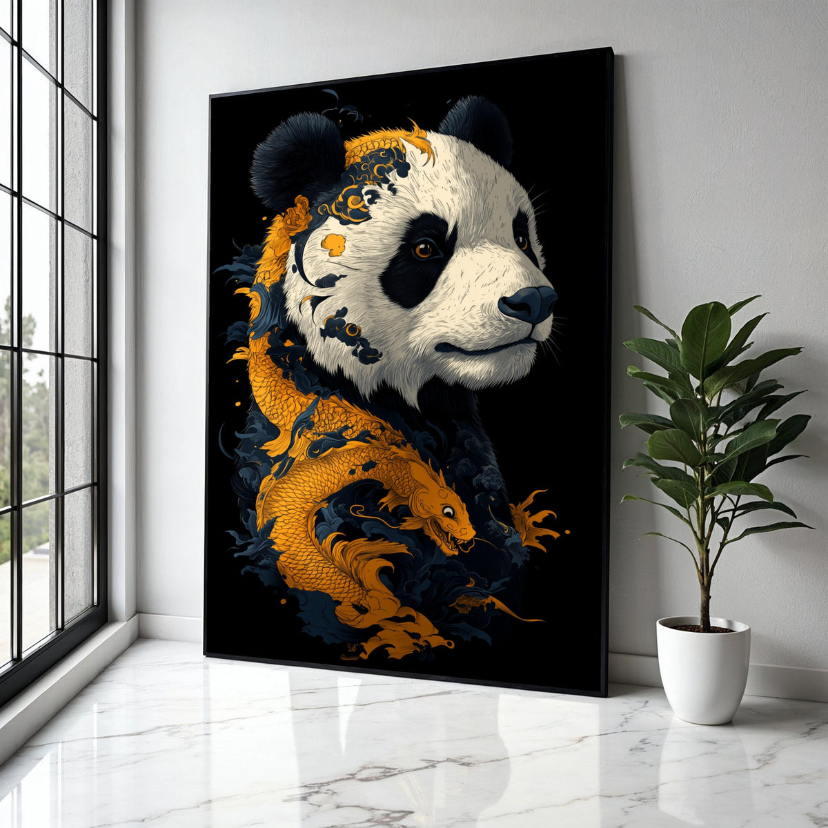 Majestic Panda Portrait with Golden Dragon, Asian Art Canvas, Animal Wall Decor, Oriental Style Canvas, Unique Gift Art, Home Decor, Print