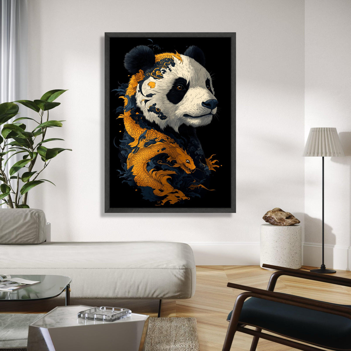 Majestic Panda Portrait with Golden Dragon, Asian Art Canvas, Animal Wall Decor, Oriental Style Canvas, Unique Gift Art, Home Decor, Print