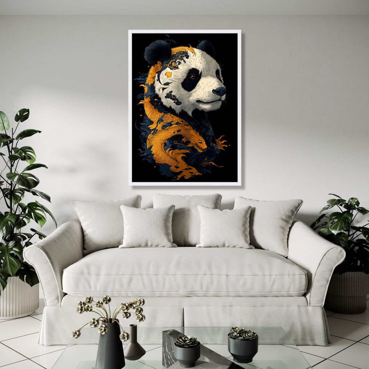Majestic Panda Portrait with Golden Dragon, Asian Art Canvas, Animal Wall Decor, Oriental Style Canvas, Unique Gift Art, Home Decor, Print