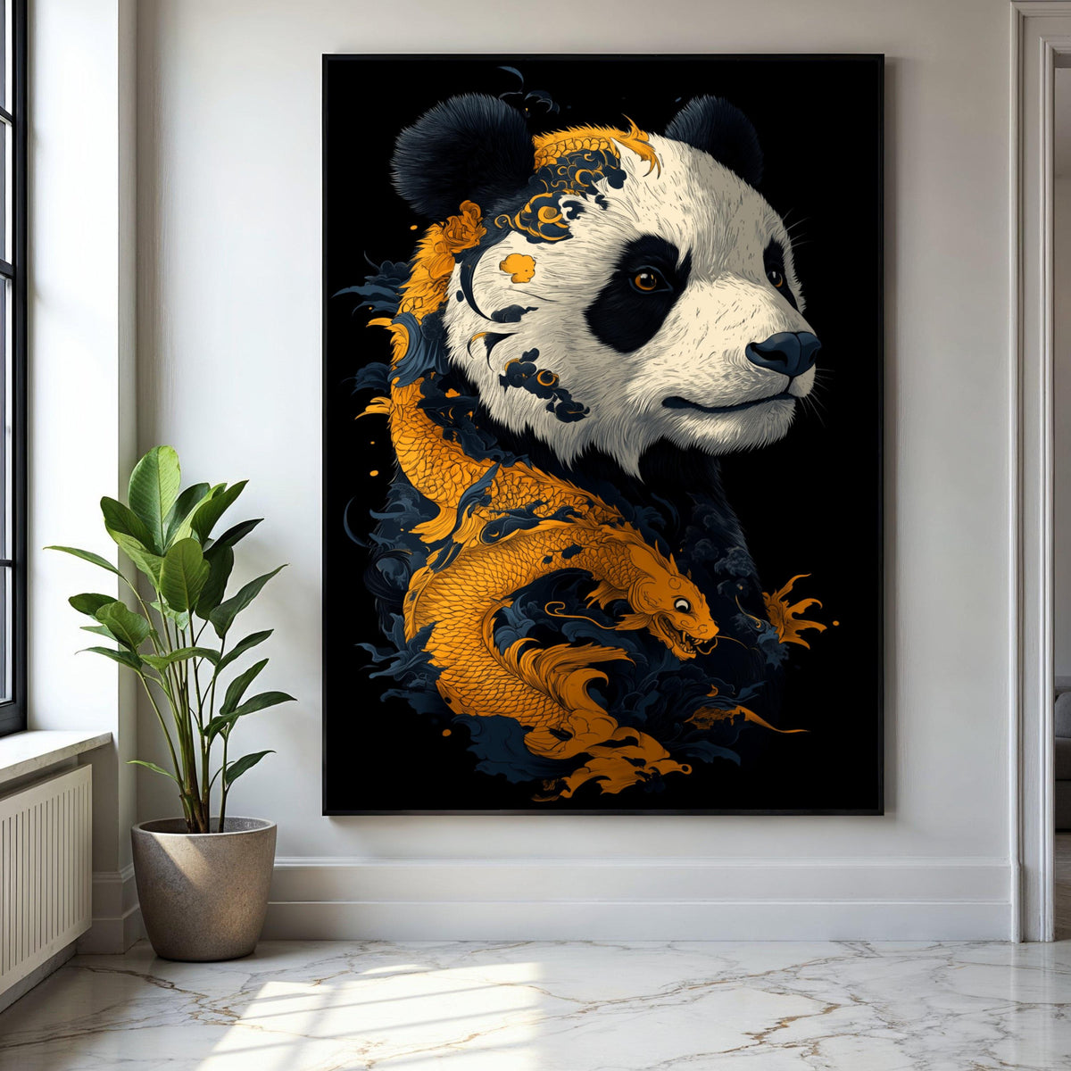 Majestic Panda Portrait with Golden Dragon, Asian Art Canvas, Animal Wall Decor, Oriental Style Canvas, Unique Gift Art, Home Decor, Print