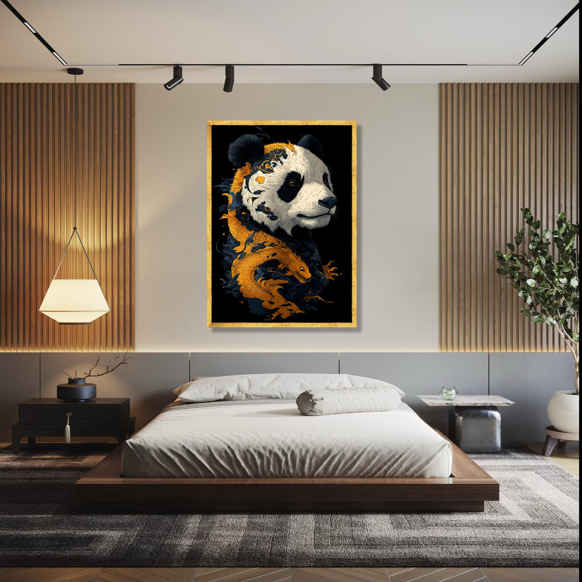 Majestic Panda Portrait with Golden Dragon, Asian Art Canvas, Animal Wall Decor, Oriental Style Canvas, Unique Gift Art, Home Decor, Print