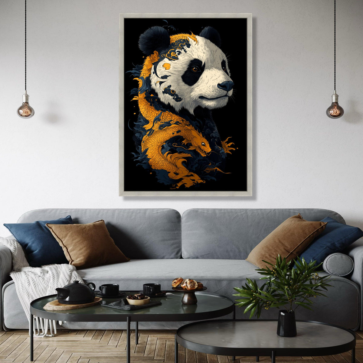 Majestic Panda Portrait with Golden Dragon, Asian Art Canvas, Animal Wall Decor, Oriental Style Canvas, Unique Gift Art, Home Decor, Print