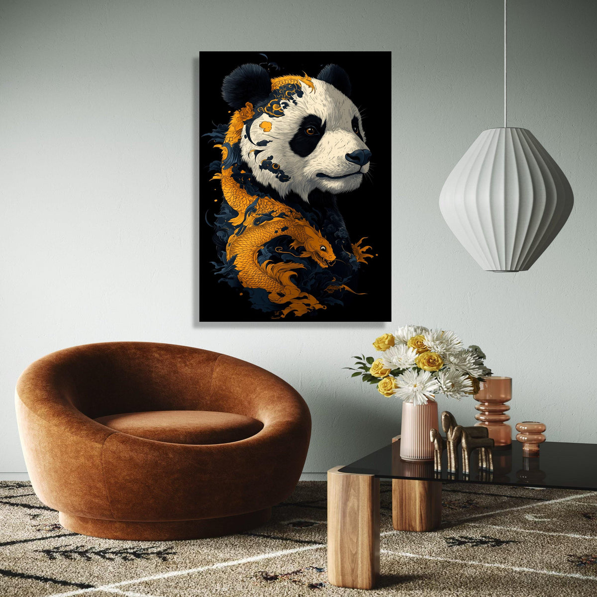 Majestic Panda Portrait with Golden Dragon, Asian Art Canvas, Animal Wall Decor, Oriental Style Canvas, Unique Gift Art, Home Decor, Print