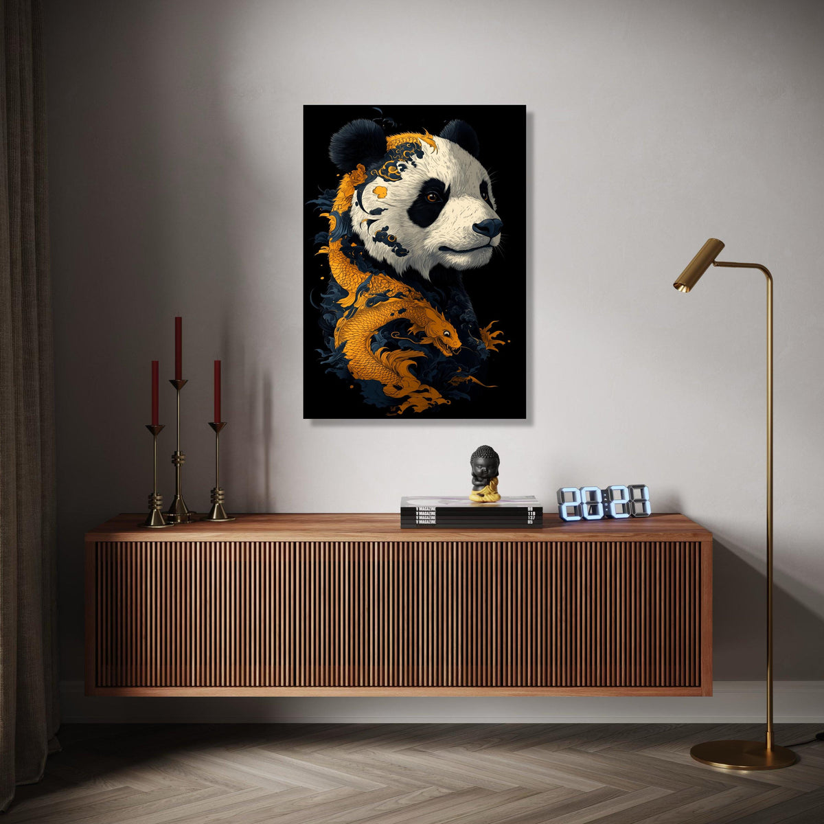 Majestic Panda Portrait with Golden Dragon, Asian Art Canvas, Animal Wall Decor, Oriental Style Canvas, Unique Gift Art, Home Decor, Print