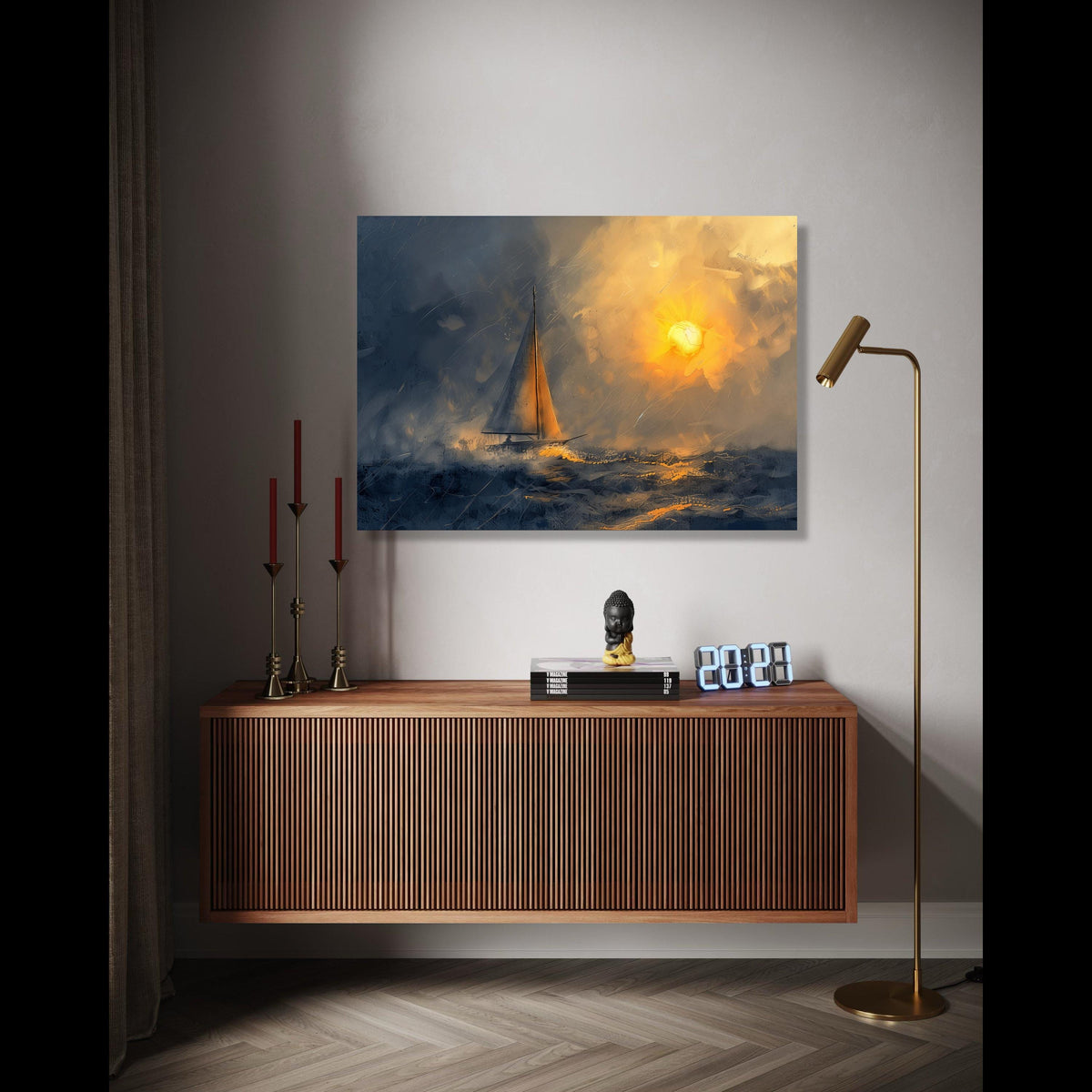 Sunset Sailing Canvas Wall Art, Ocean Boat Illustration, Nautical Wall Decor, Sea and Sky Painting, Modern Gift Art, Home Decor, Print