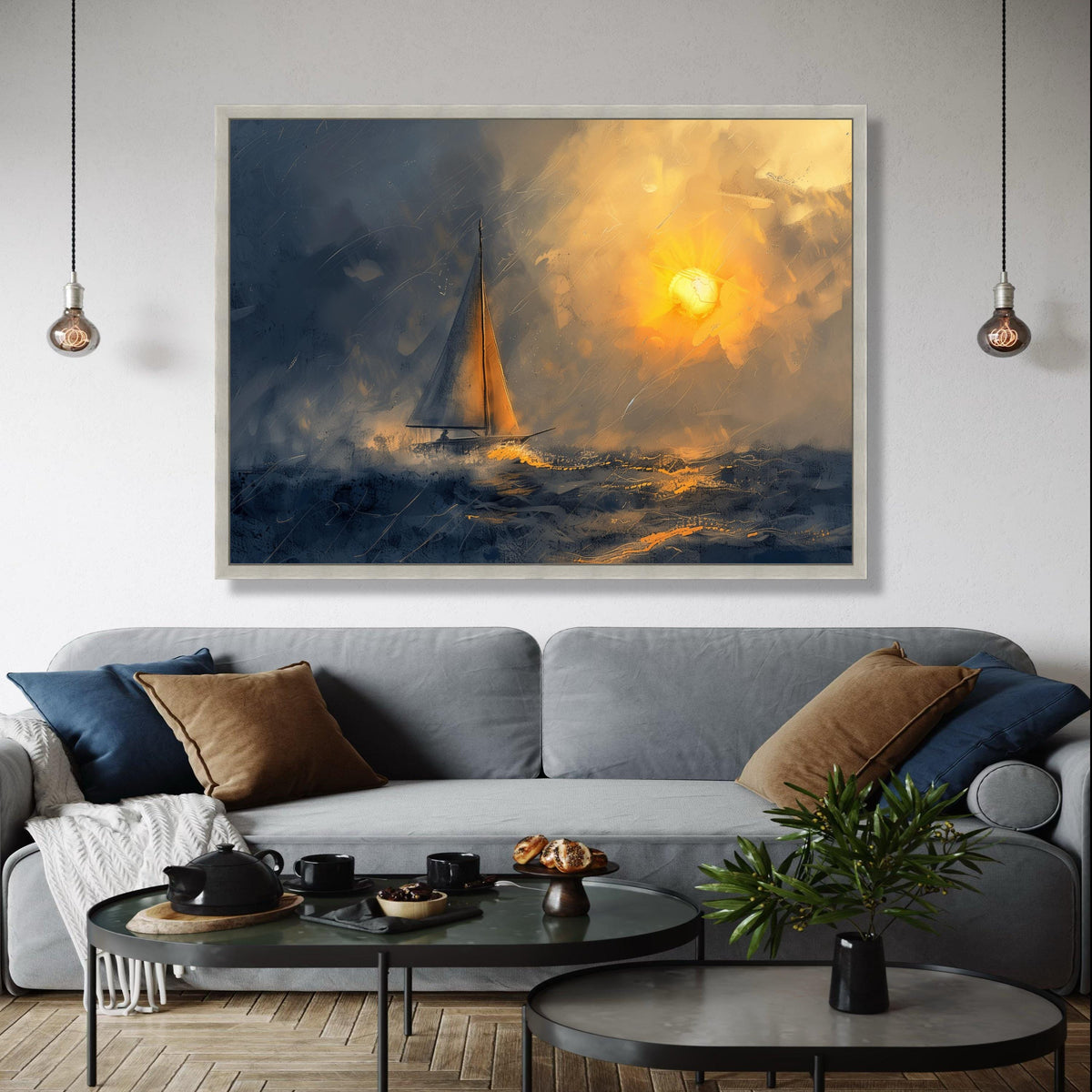 Sunset Sailing Canvas Wall Art, Ocean Boat Illustration, Nautical Wall Decor, Sea and Sky Painting, Modern Gift Art, Home Decor, Print