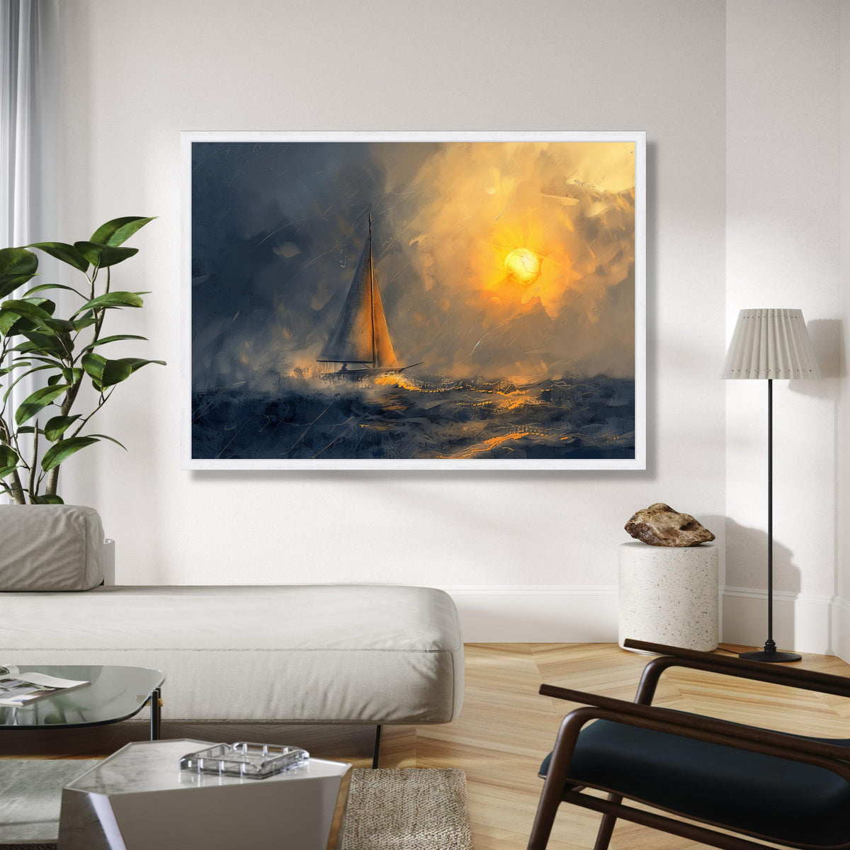 Sunset Sailing Canvas Wall Art, Ocean Boat Illustration, Nautical Wall Decor, Sea and Sky Painting, Modern Gift Art, Home Decor, Print