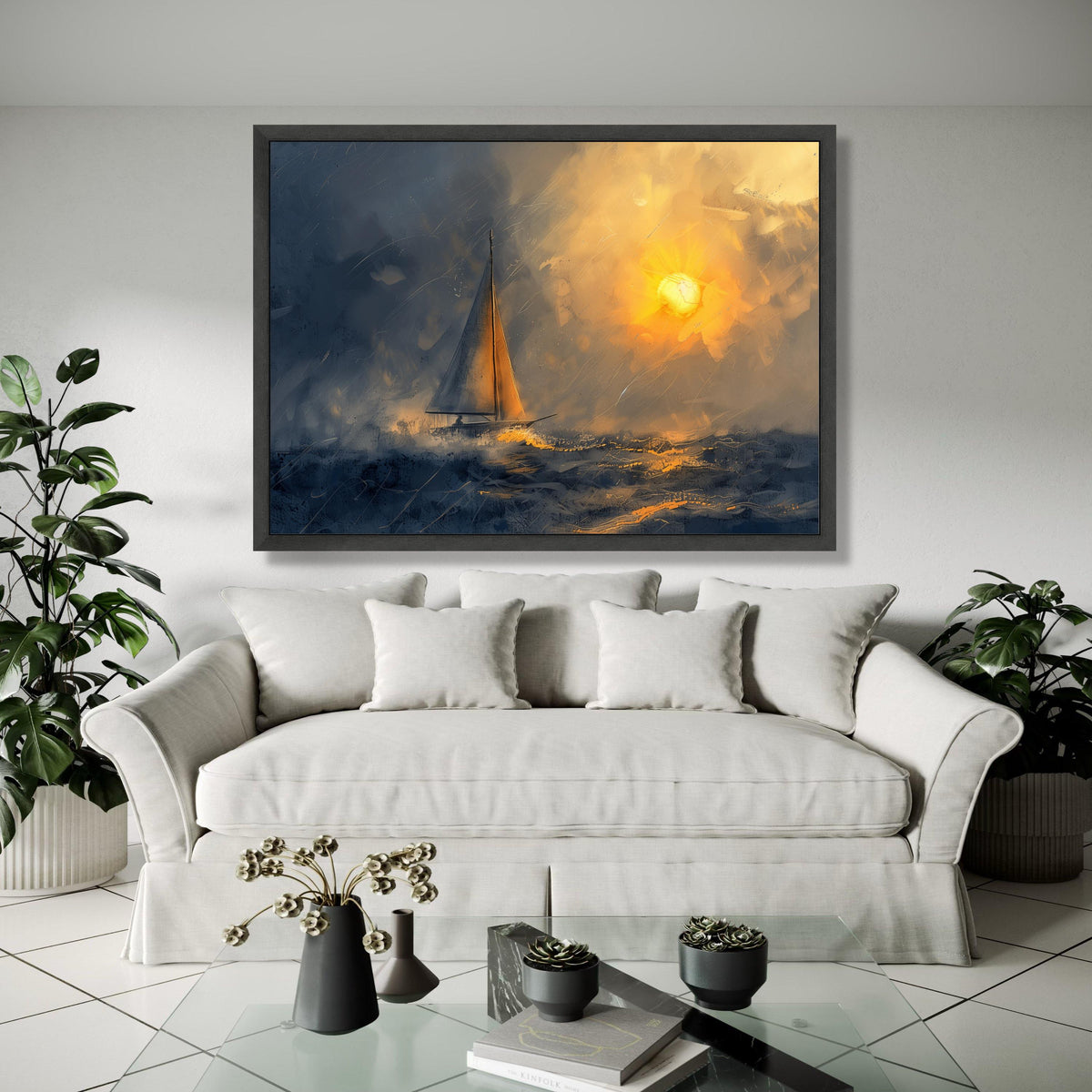 Sunset Sailing Canvas Wall Art, Ocean Boat Illustration, Nautical Wall Decor, Sea and Sky Painting, Modern Gift Art, Home Decor, Print
