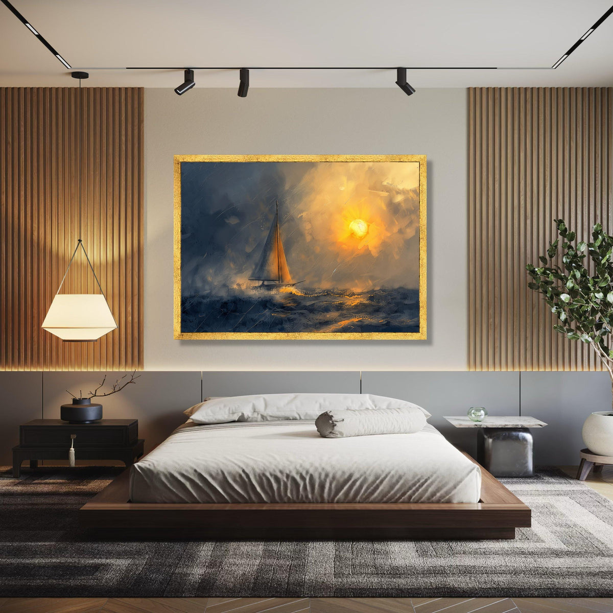 Sunset Sailing Canvas Wall Art, Ocean Boat Illustration, Nautical Wall Decor, Sea and Sky Painting, Modern Gift Art, Home Decor, Print