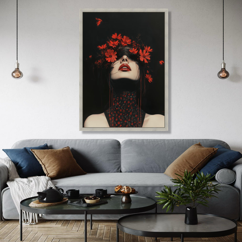 Dramatic Dark Portrait Canvas, Red Floral Crown Art, Gothic Beauty Wall Decor, Bold Red Lips Painting, Modern Gift Art, Home Decor, Print