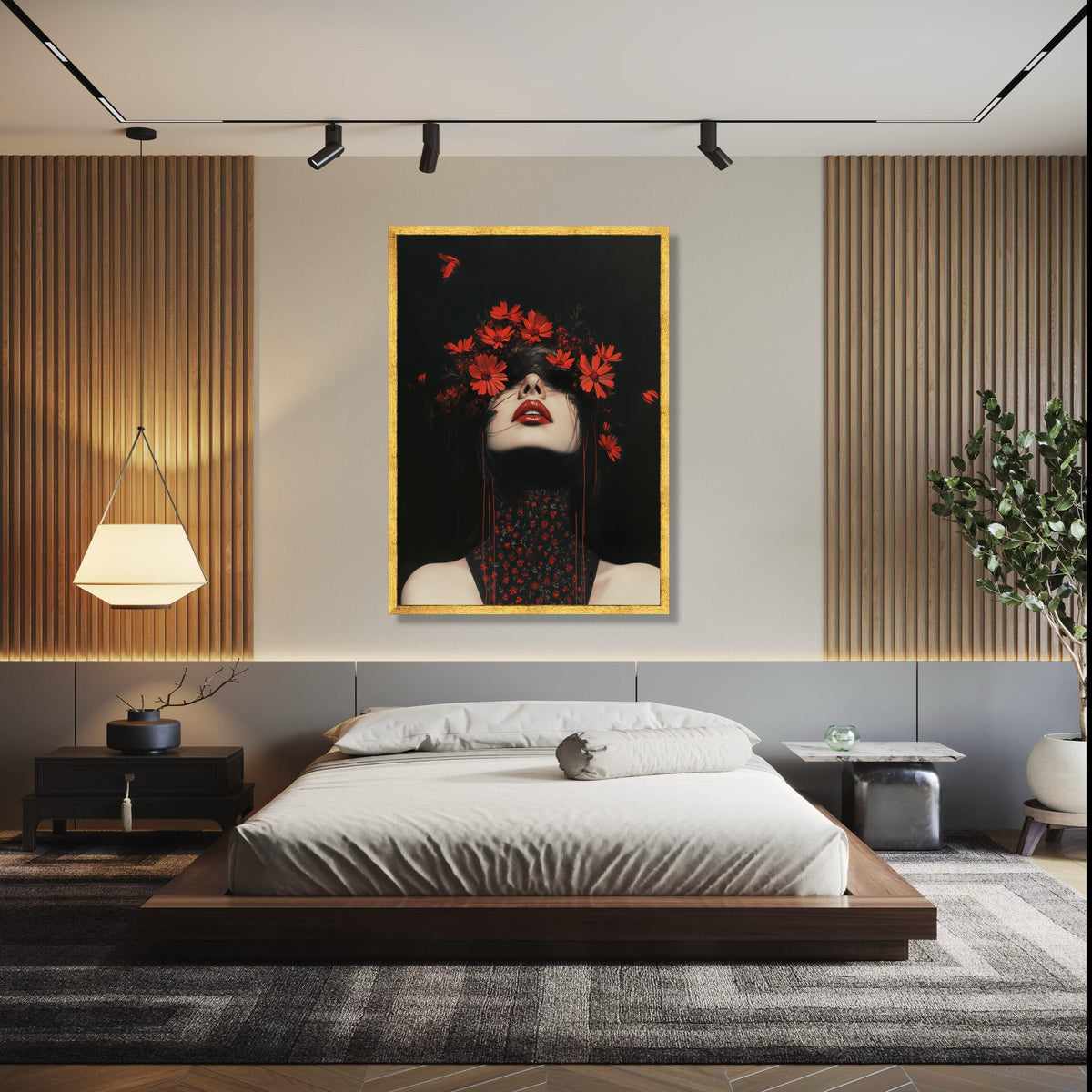 Dramatic Dark Portrait Canvas, Red Floral Crown Art, Gothic Beauty Wall Decor, Bold Red Lips Painting, Modern Gift Art, Home Decor, Print
