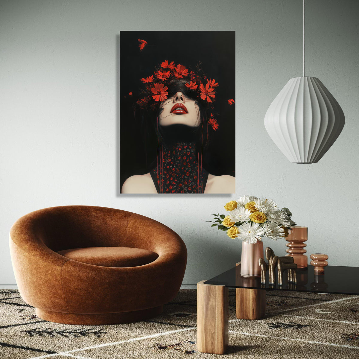 Dramatic Dark Portrait Canvas, Red Floral Crown Art, Gothic Beauty Wall Decor, Bold Red Lips Painting, Modern Gift Art, Home Decor, Print