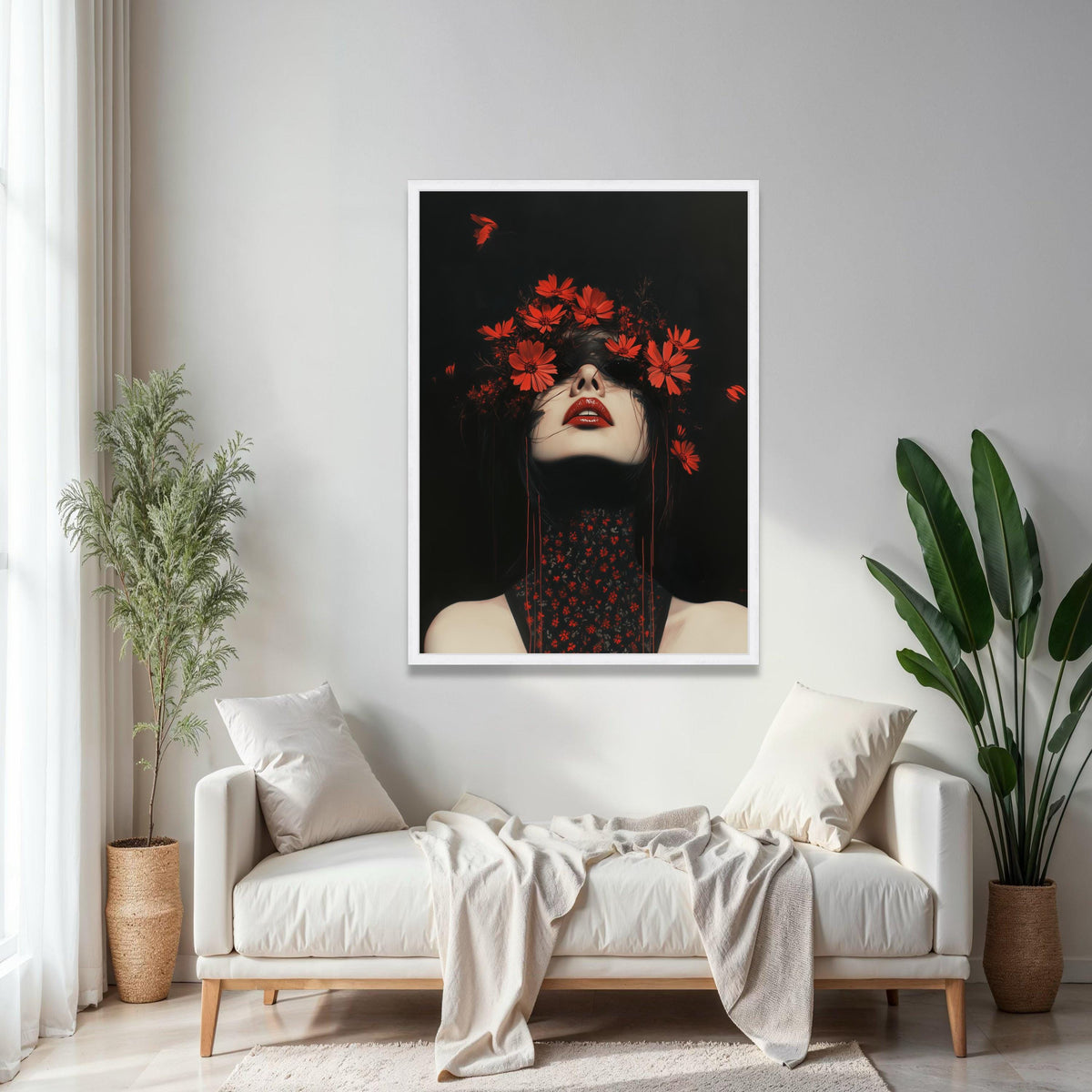 Dramatic Dark Portrait Canvas, Red Floral Crown Art, Gothic Beauty Wall Decor, Bold Red Lips Painting, Modern Gift Art, Home Decor, Print