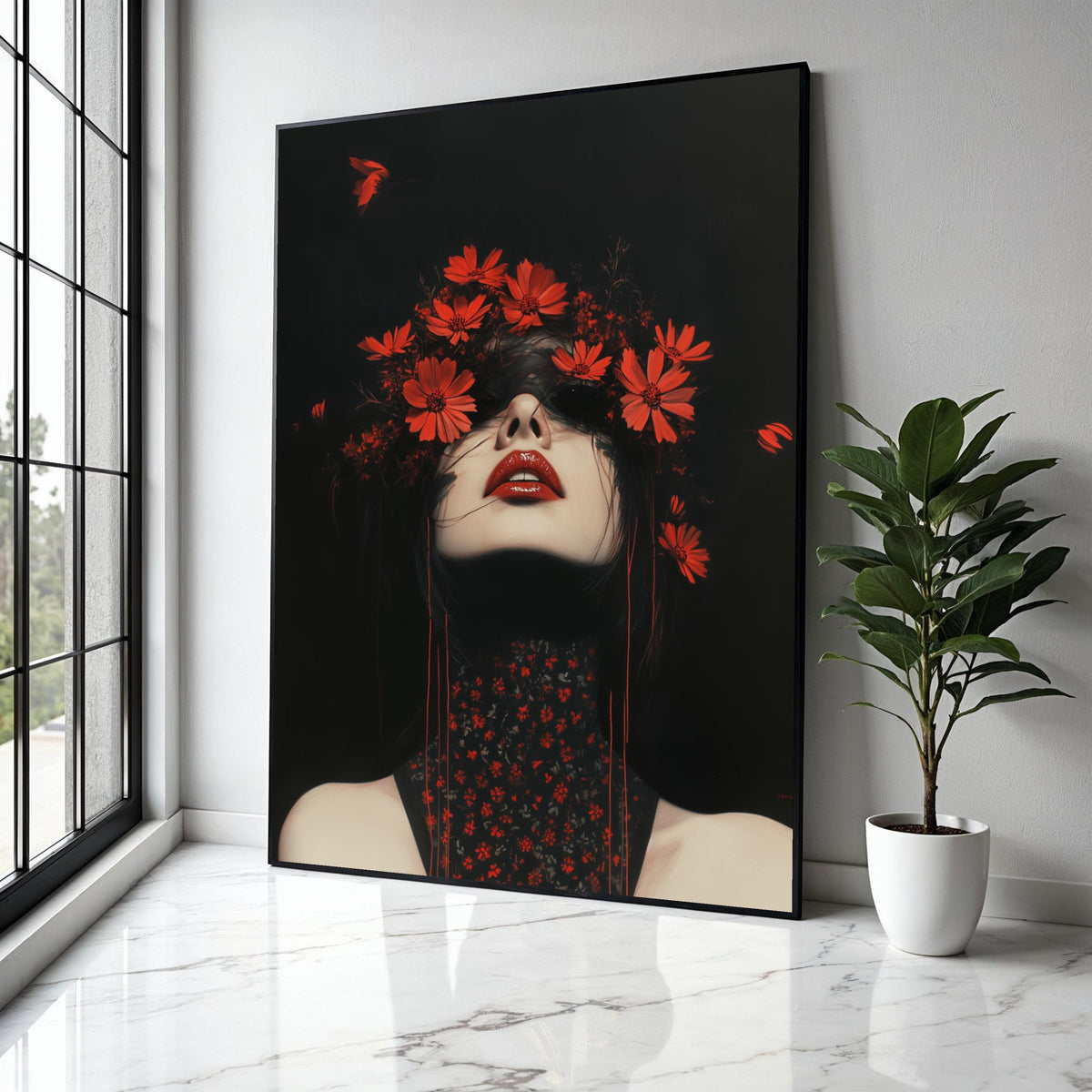 Dramatic Dark Portrait Canvas, Red Floral Crown Art, Gothic Beauty Wall Decor, Bold Red Lips Painting, Modern Gift Art, Home Decor, Print