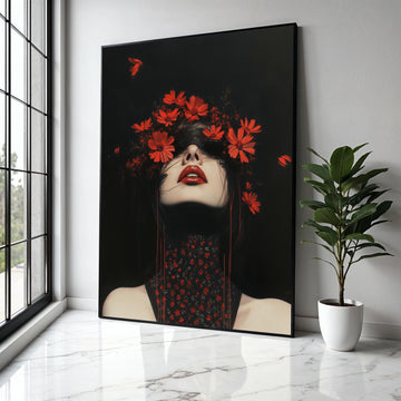 Dramatic Dark Portrait Canvas, Red Floral Crown Art, Gothic Beauty Wall Decor, Bold Red Lips Painting, Modern Gift Art, Home Decor, Print