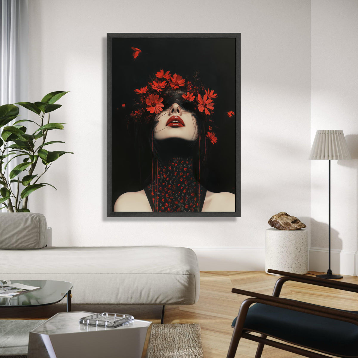 Dramatic Dark Portrait Canvas, Red Floral Crown Art, Gothic Beauty Wall Decor, Bold Red Lips Painting, Modern Gift Art, Home Decor, Print