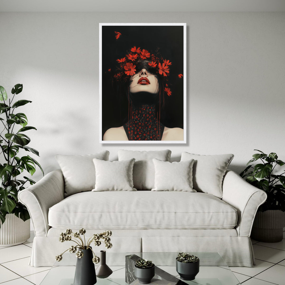Dramatic Dark Portrait Canvas, Red Floral Crown Art, Gothic Beauty Wall Decor, Bold Red Lips Painting, Modern Gift Art, Home Decor, Print
