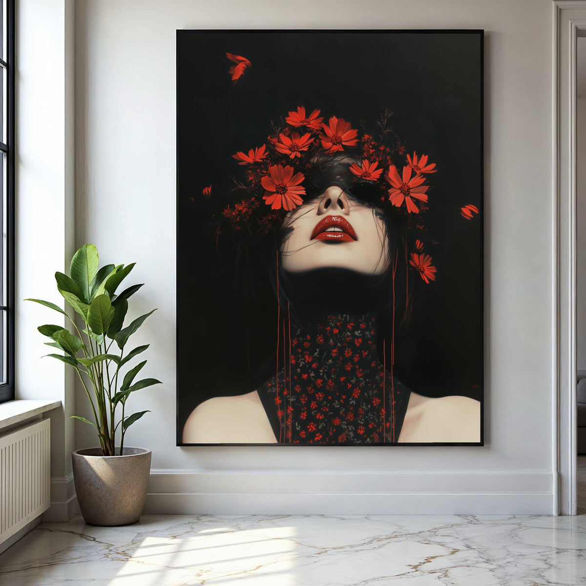 Dramatic Dark Portrait Canvas, Red Floral Crown Art, Gothic Beauty Wall Decor, Bold Red Lips Painting, Modern Gift Art, Home Decor, Print