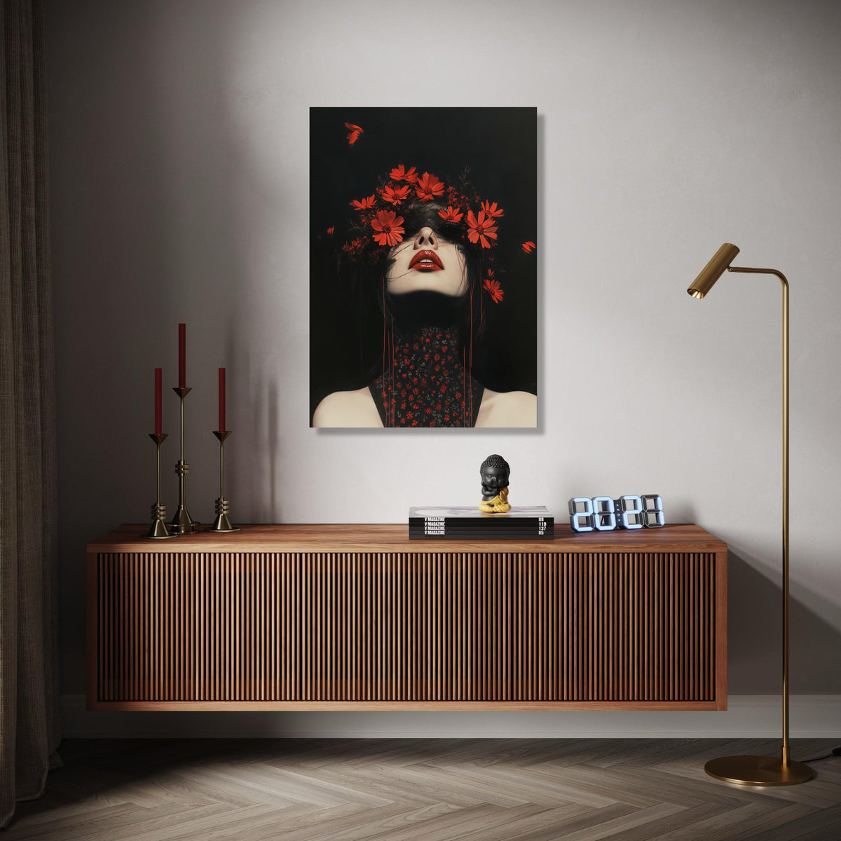 Dramatic Dark Portrait Canvas, Red Floral Crown Art, Gothic Beauty Wall Decor, Bold Red Lips Painting, Modern Gift Art, Home Decor, Print