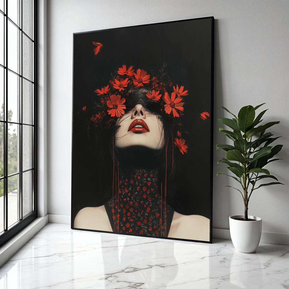 Dark Elegance Portrait Canvas, Woman with Red Flowers Headpiece, Modern Floral Wall Art, Gothic Style Canvas, Gift Art, Home Decor, Print