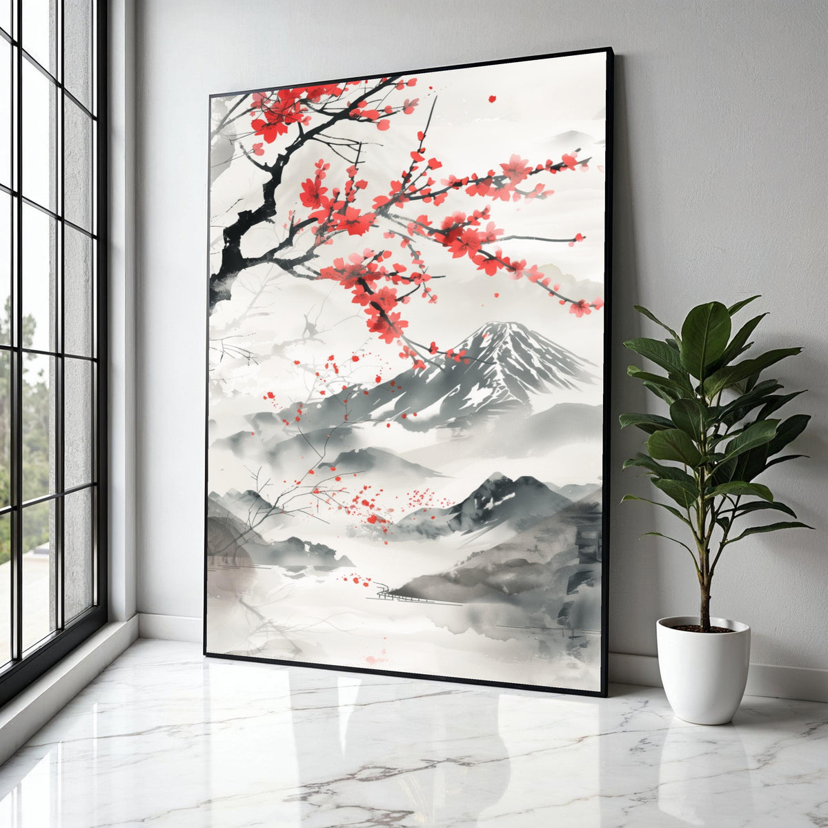 Japanese Sakura Blossom Canvas Wall Art, Mount Fuji Landscape Painting, Asian Ink Wash Style, Cherry Blossom Gift Art, Home Decor, Print