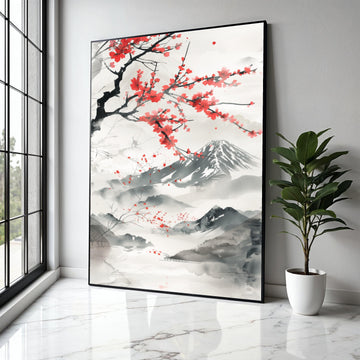 Japanese Sakura Blossom Canvas Wall Art, Mount Fuji Landscape Painting, Asian Ink Wash Style, Cherry Blossom Gift Art, Home Decor, Print