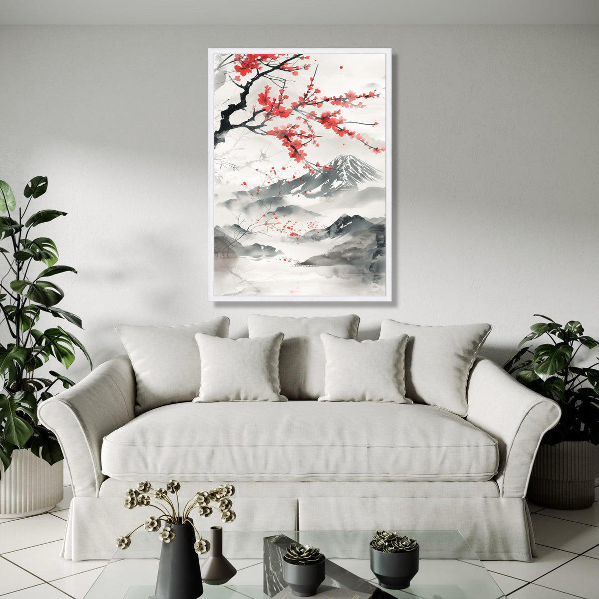 Japanese Sakura Blossom Canvas Wall Art, Mount Fuji Landscape Painting, Asian Ink Wash Style, Cherry Blossom Gift Art, Home Decor, Print