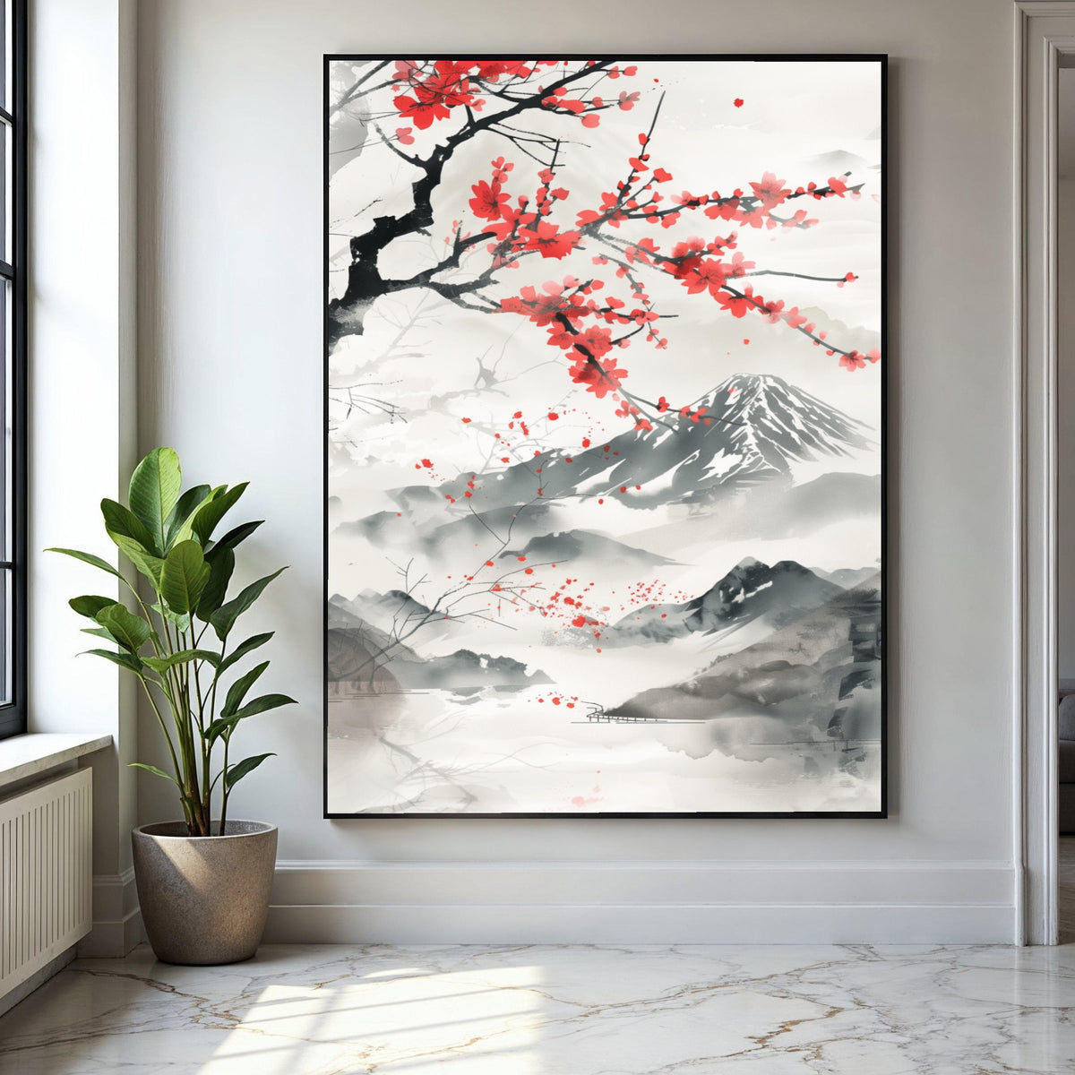 Japanese Sakura Blossom Canvas Wall Art, Mount Fuji Landscape Painting, Asian Ink Wash Style, Cherry Blossom Gift Art, Home Decor, Print