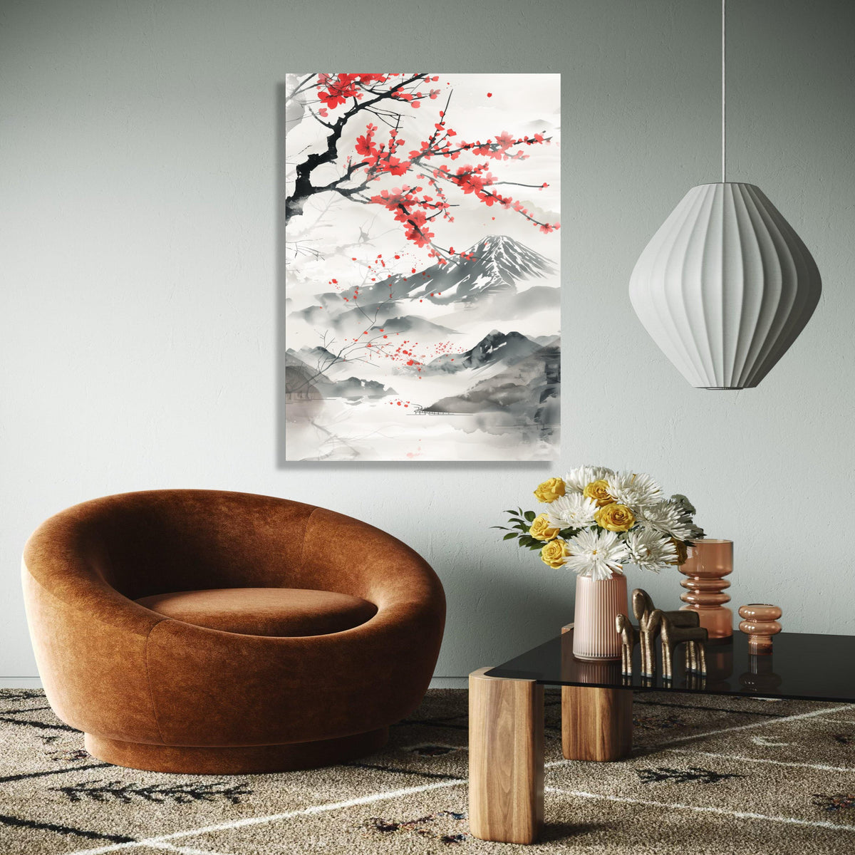 Japanese Sakura Blossom Canvas Wall Art, Mount Fuji Landscape Painting, Asian Ink Wash Style, Cherry Blossom Gift Art, Home Decor, Print