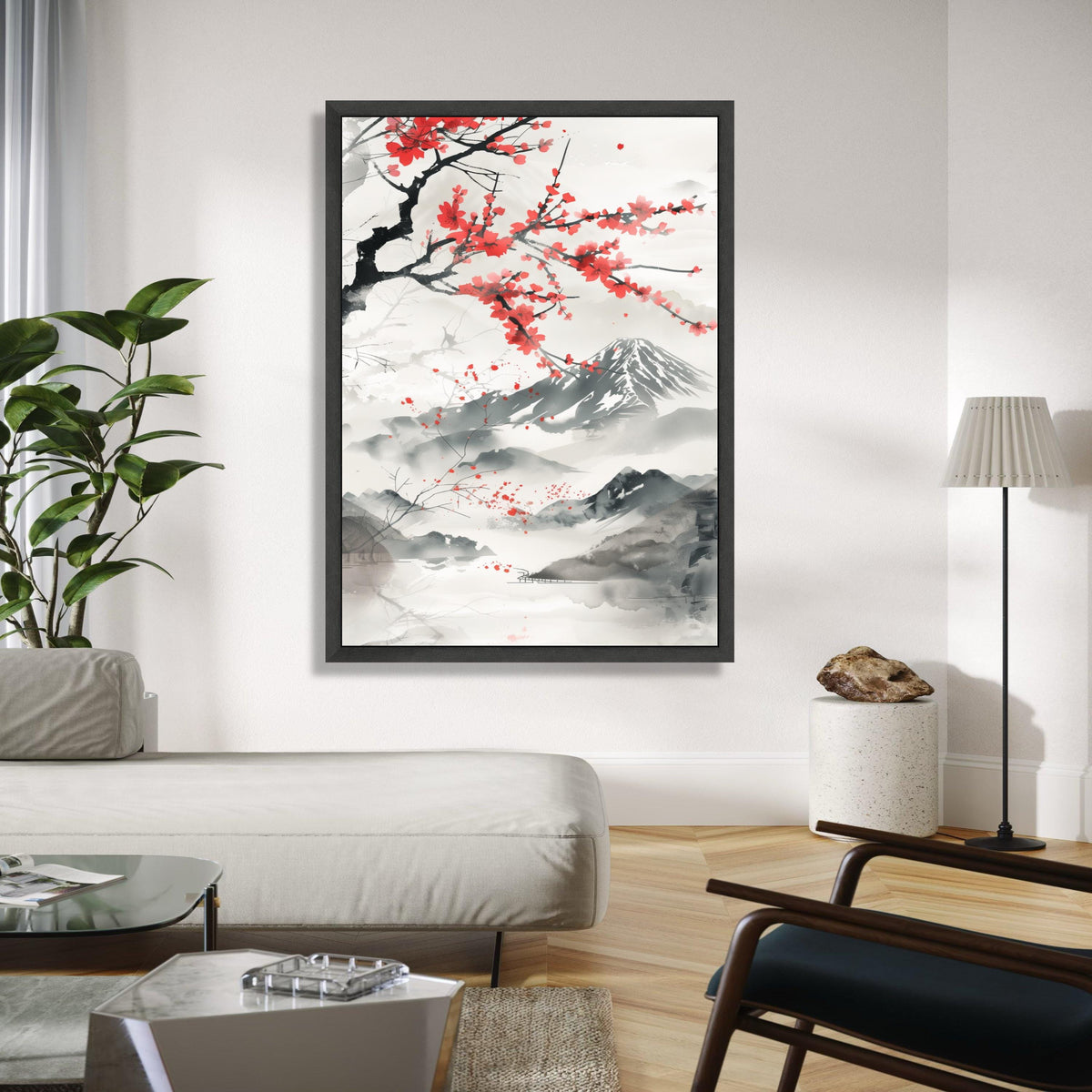 Japanese Sakura Blossom Canvas Wall Art, Mount Fuji Landscape Painting, Asian Ink Wash Style, Cherry Blossom Gift Art, Home Decor, Print