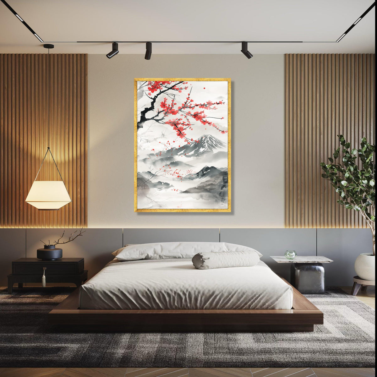 Japanese Sakura Blossom Canvas Wall Art, Mount Fuji Landscape Painting, Asian Ink Wash Style, Cherry Blossom Gift Art, Home Decor, Print