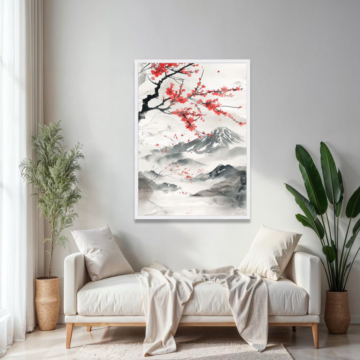 Japanese Sakura Blossom Canvas Wall Art, Mount Fuji Landscape Painting, Asian Ink Wash Style, Cherry Blossom Gift Art, Home Decor, Print