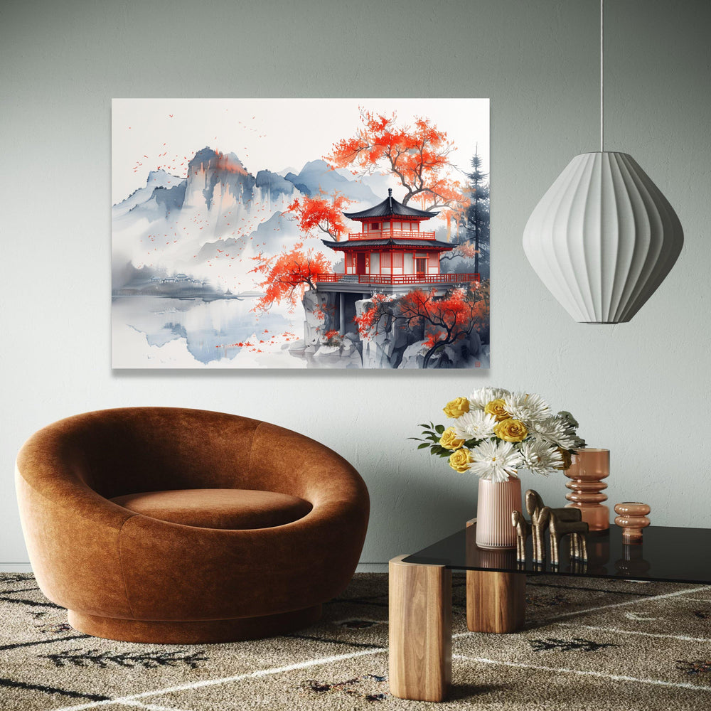 Tranquil Japanese Pagoda Canvas, Autumn Red Maple Trees, Asian Landscape Wall Art, Serene Mountain Reflection Gift Art, Home Decor, Print