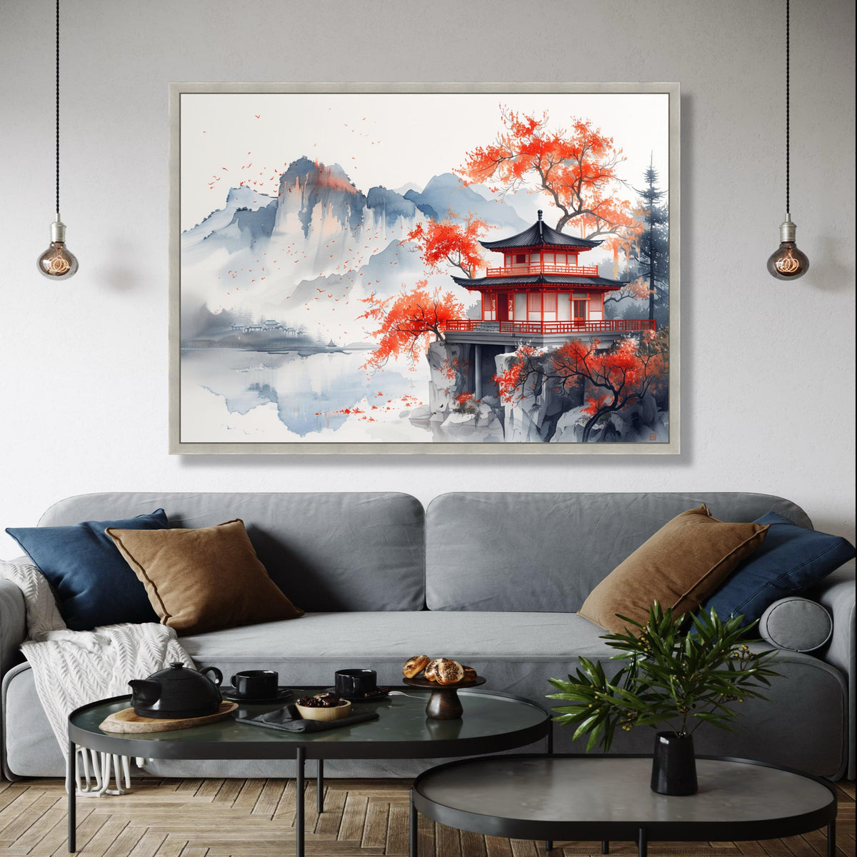 Tranquil Japanese Pagoda Canvas, Autumn Red Maple Trees, Asian Landscape Wall Art, Serene Mountain Reflection Gift Art, Home Decor, Print