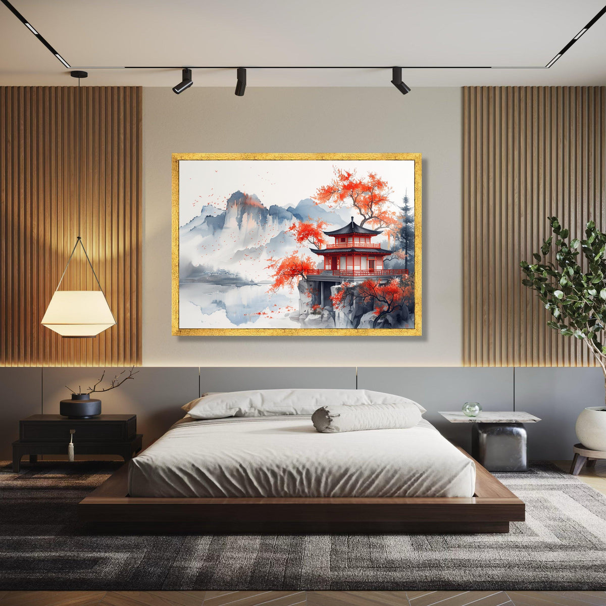 Tranquil Japanese Pagoda Canvas, Autumn Red Maple Trees, Asian Landscape Wall Art, Serene Mountain Reflection Gift Art, Home Decor, Print