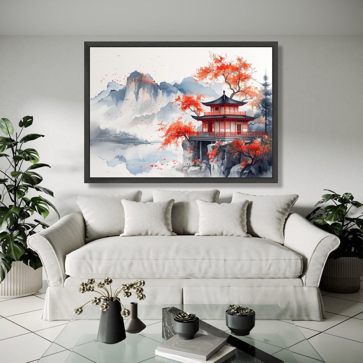 Tranquil Japanese Pagoda Canvas, Autumn Red Maple Trees, Asian Landscape Wall Art, Serene Mountain Reflection Gift Art, Home Decor, Print