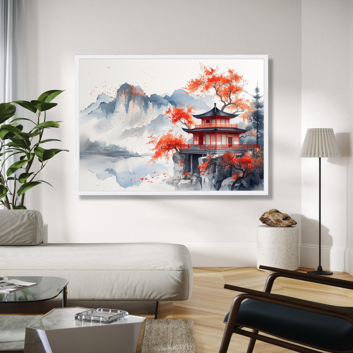 Tranquil Japanese Pagoda Canvas, Autumn Red Maple Trees, Asian Landscape Wall Art, Serene Mountain Reflection Gift Art, Home Decor, Print
