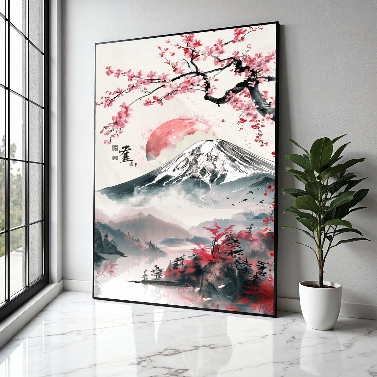 Cherry Blossom Sunrise, Mount Fuji Canvas, Japanese Landscape Art, Sakura Tree Wall Decor, Asian Nature Canvas, Gift Art, Home Decor, Print